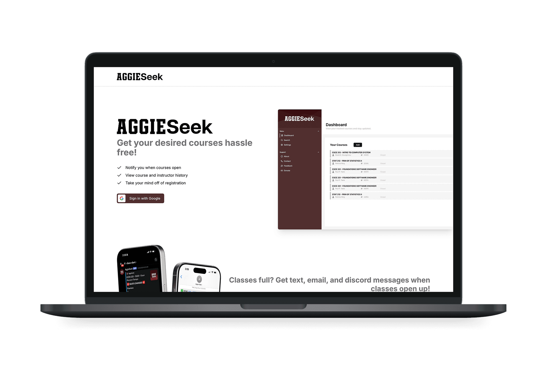 Screenshot of Aggieseek app on computer
